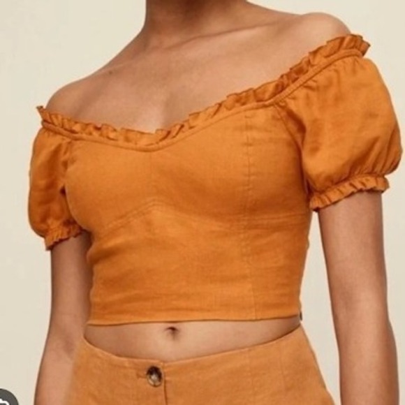 Wilfred Aritzia Burnt Orange 100%  Linen Cropped Top Ruffle Off Shoulder Sz 2 - Picture 1 of 9